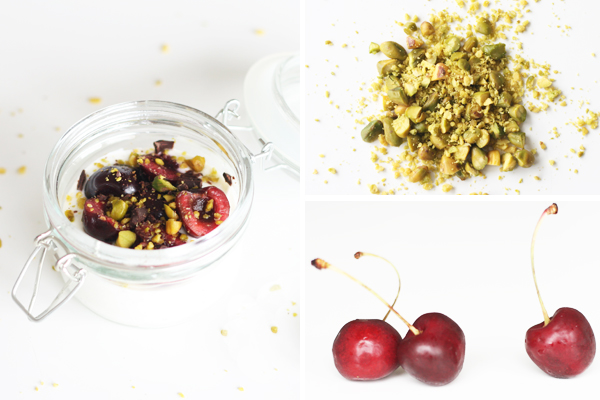 Yoghurt med kirsebær, pistacienødder og chokolade